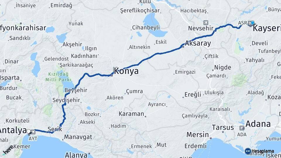 Kayseri Melikgazi Antalya Arası Kaç Km - Yol Haritası