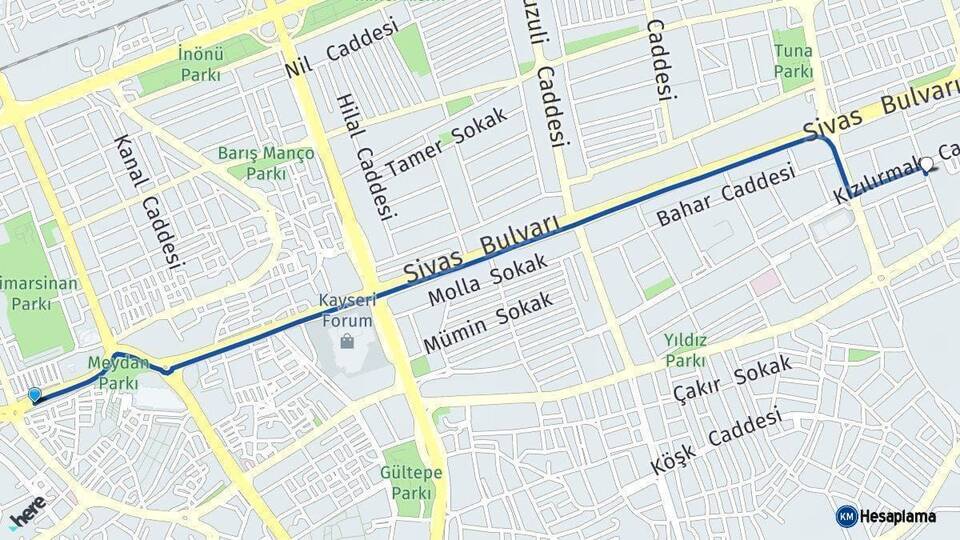Kayseri Melikgazi Arası Kaç Km - Yol Haritası