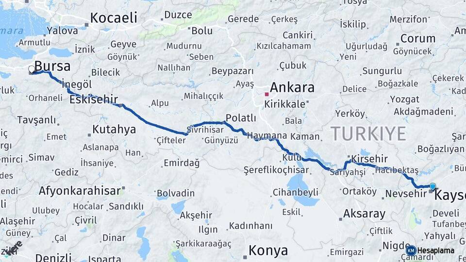 Kayseri Melikgazi Bursa Arası Kaç Km - Yol Haritası