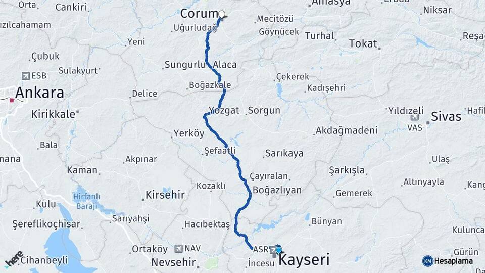 Kayseri Melikgazi Çorum Arası Kaç Km - Yol Haritası