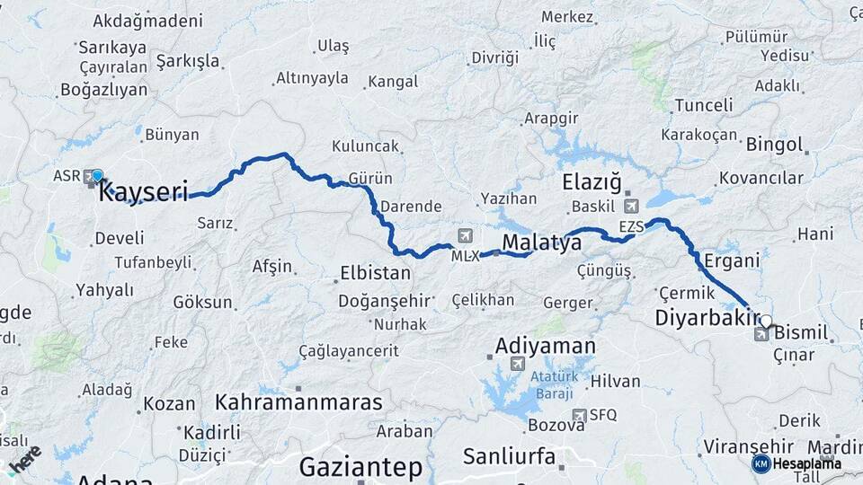 Kayseri Melikgazi Diyarbakır Arası Kaç Km - Yol Haritası