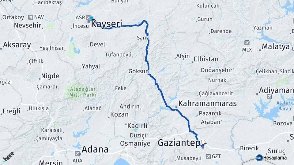 Kayseri Melikgazi Gaziantep Arası Kaç Km - Yol Haritası