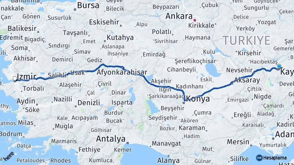 Kayseri Melikgazi İzmir Arası Kaç Km - Yol Haritası