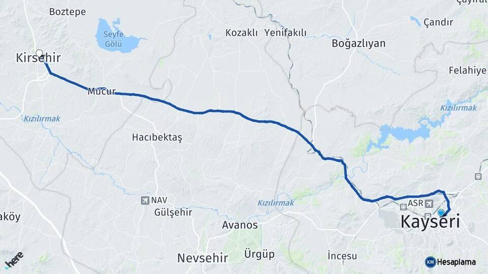 Kayseri Melikgazi Kırşehir Arası Kaç Km - Yol Haritası