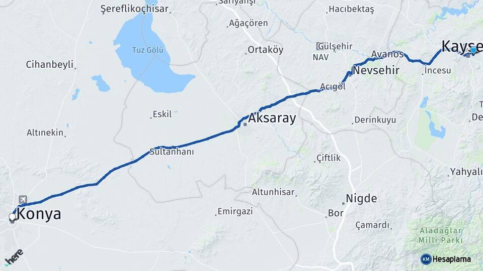 Kayseri Melikgazi Konya Arası Kaç Km - Yol Haritası