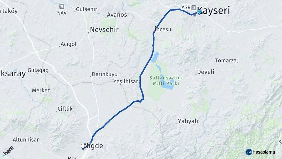 Kayseri Melikgazi Niğde Arası Kaç Km - Yol Haritası