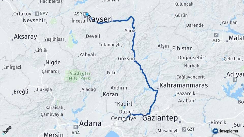 Kayseri Melikgazi Osmaniye Arası Kaç Km - Yol Haritası