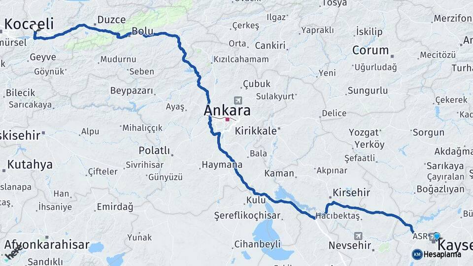 Kayseri Melikgazi Sakarya Arası Kaç Km - Yol Haritası