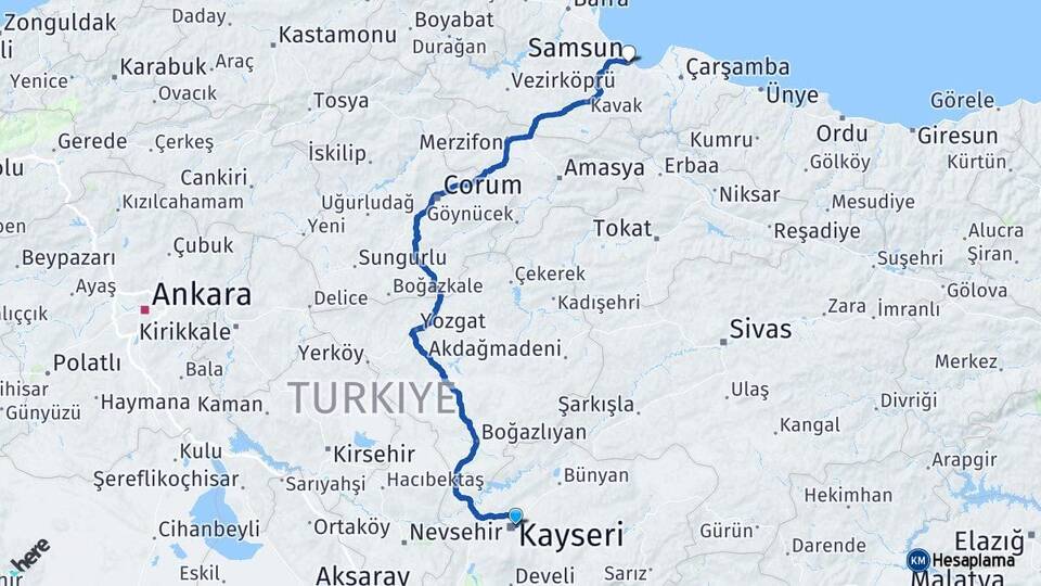 Kayseri Melikgazi Samsun Arası Kaç Km - Yol Haritası