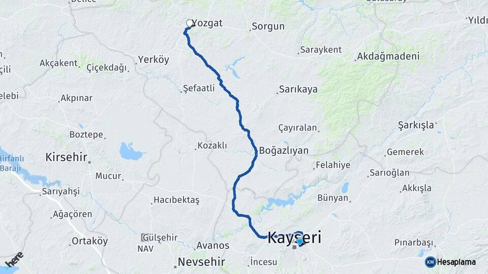 Kayseri Melikgazi Yozgat Arası Kaç Km - Yol Haritası