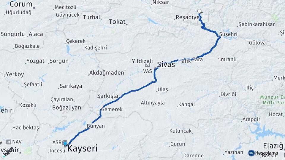 Kayseri Mesudiye Ordu Arası Kaç Km - Yol Haritası