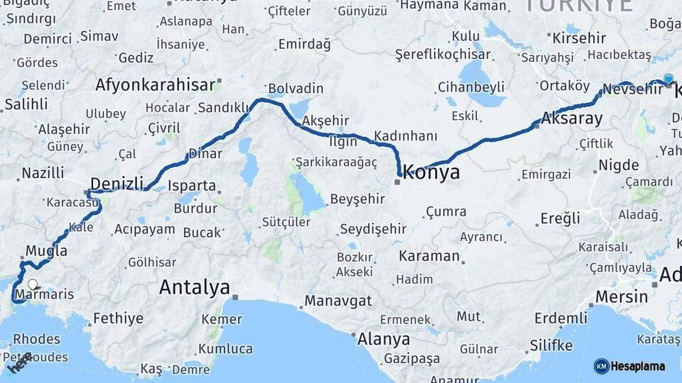 Kayseri Muğla Arası Kaç Km - Yol Haritası