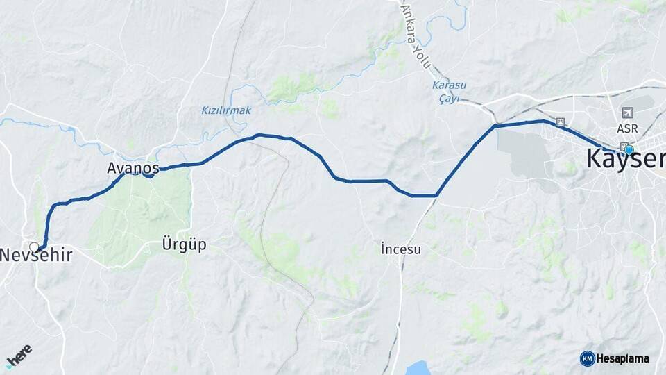 Kayseri Nevşehir Arası Kaç Km - Yol Haritası