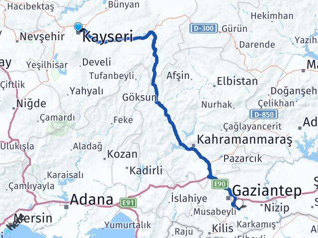 Kayseri Oğuzeli Gaziantep Arası Kaç Km - Yol Haritası