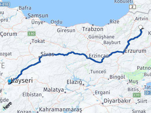Kayseri Olur Erzurum Arası Kaç Km - Yol Haritası