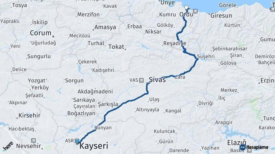 Kayseri Ordu Arası Kaç Km - Yol Tarifi
