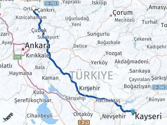 Kayseri Orta Çankırı Arası Kaç Km - Yol Haritası