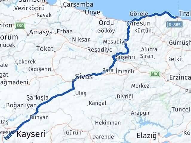 Kayseri Ortahisar Trabzon Arası Kaç Km - Yol Haritası