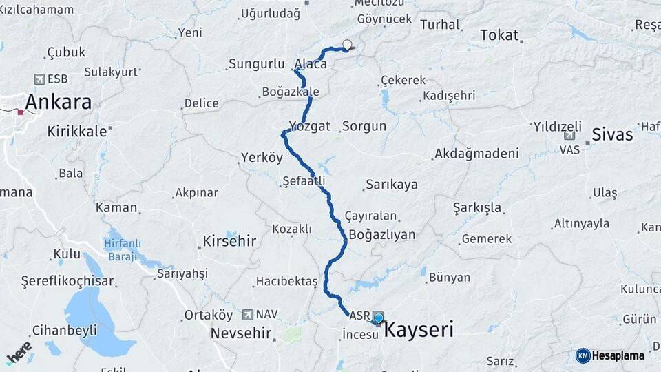 Kayseri Ortaköy Çorum Arası Kaç Km - Yol Haritası