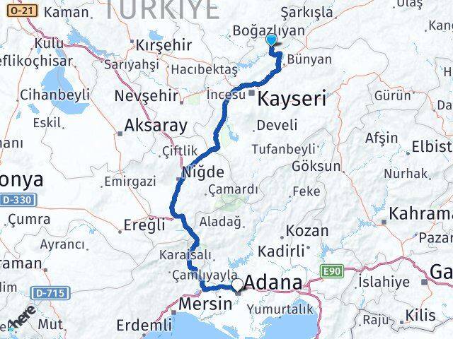 Kayseri Özvatan Adana Arası Kaç Km - Yol Haritası