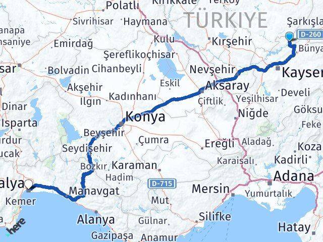 Kayseri Özvatan Antalya Arası Kaç Km - Yol Haritası
