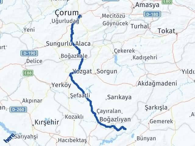 Kayseri Özvatan Çorum Arası Kaç Km - Yol Haritası