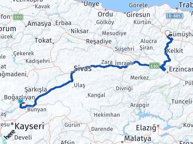 Kayseri Özvatan Gümüşhane Arası Kaç Km - Yol Haritası