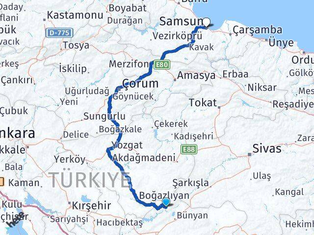 Kayseri Özvatan Samsun Arası Kaç Km - Yol Haritası