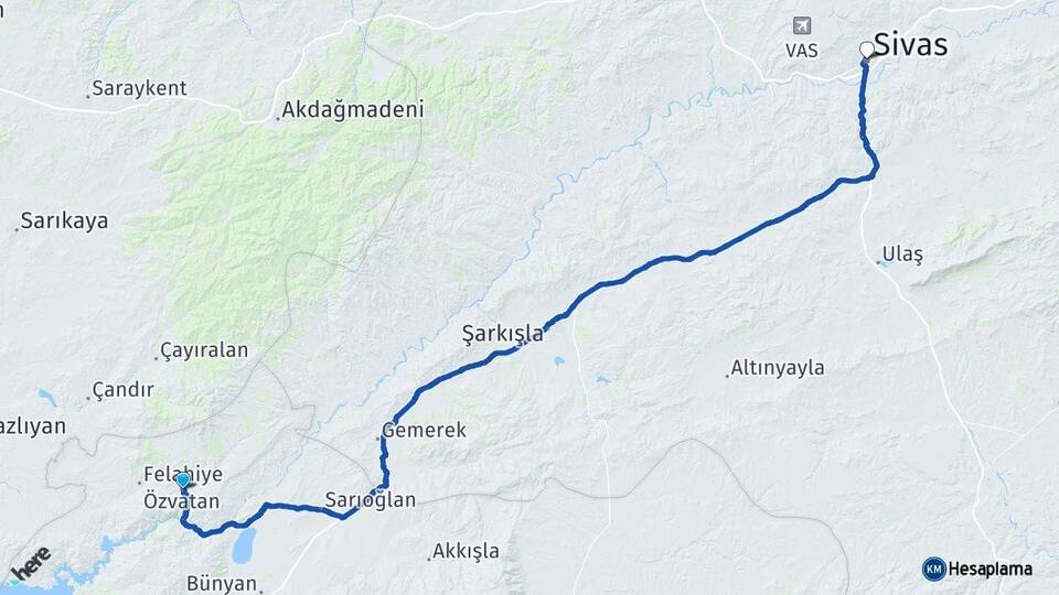 Kayseri Özvatan Sivas Arası Kaç Km - Yol Haritası