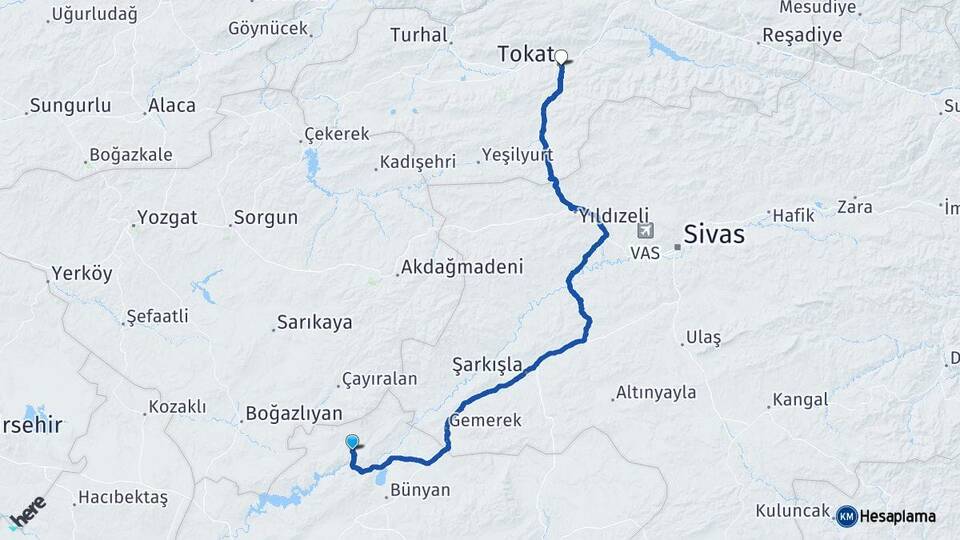 Kayseri Özvatan Tokat Arası Kaç Km - Yol Haritası