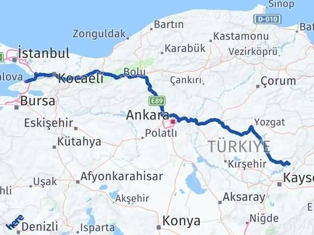 Kayseri Özvatan Yalova Arası Kaç Km - Yol Haritası