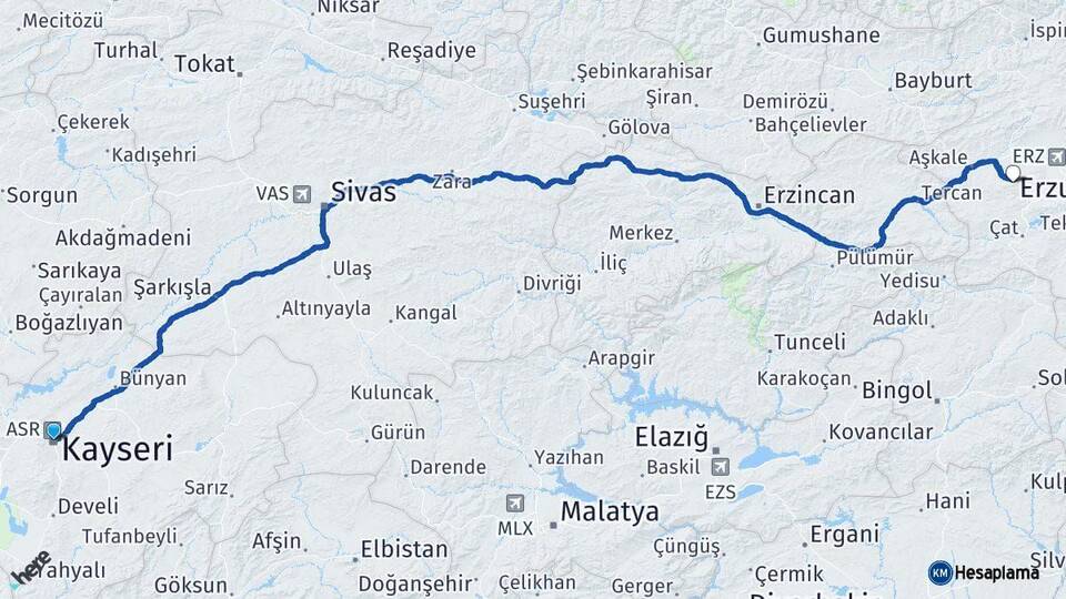 Kayseri Palandöken Erzurum Arası Kaç Km - Yol Haritası