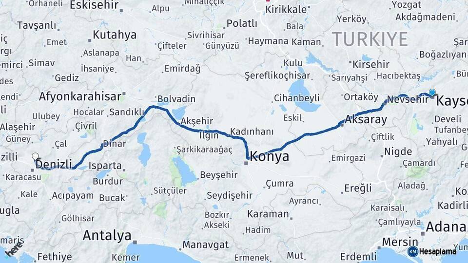 Kayseri Pamukkale Denizli Arası Kaç Km - Yol Haritası