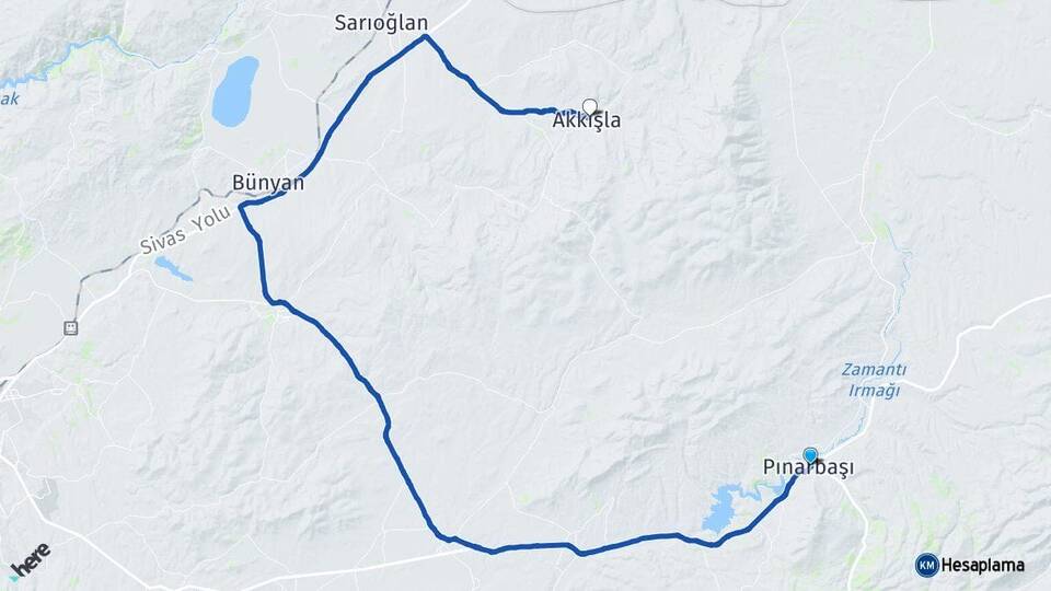 Kayseri Pınarbaşı Akkışla Arası Kaç Km - Yol Haritası