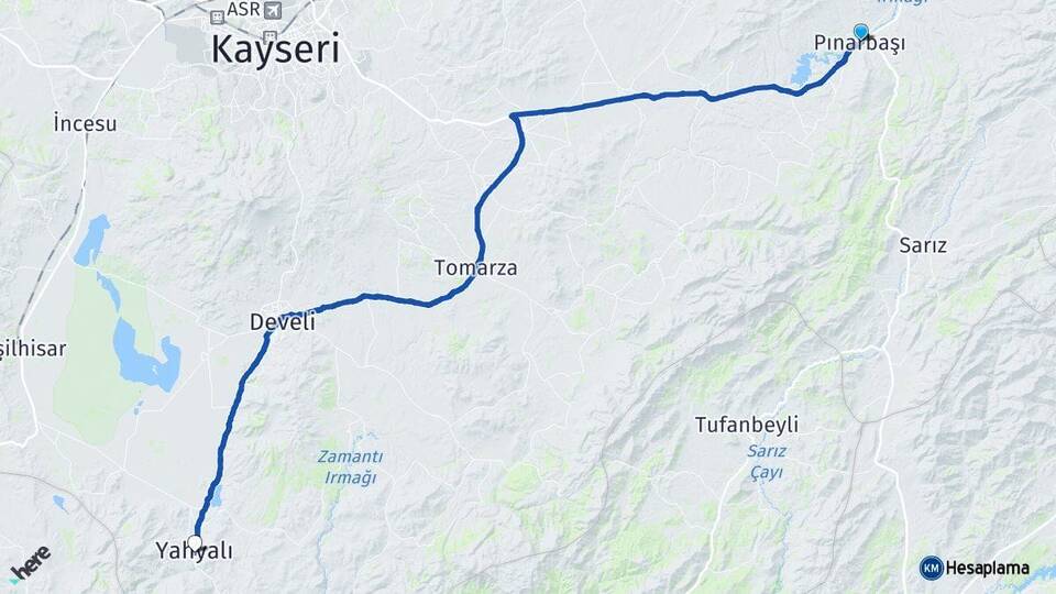Kayseri Pınarbaşı Yahyalı Arası Kaç Km - Yol Haritası