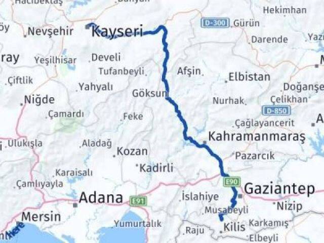 Kayseri Polateli Kilis Arası Kaç Km - Yol Haritası