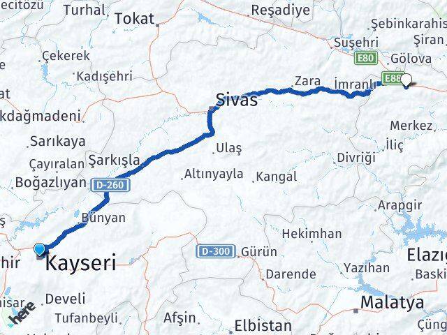 Kayseri Refahiye Erzincan Arası Kaç Km - Yol Haritası