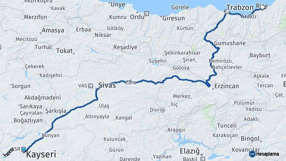 Kayseri Rize Arası Kaç Km - Yol Haritası