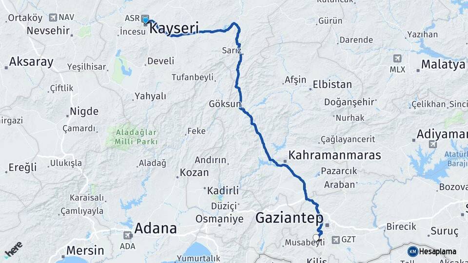 Kayseri Şahinbey Gaziantep Arası Kaç Km - Yol Haritası