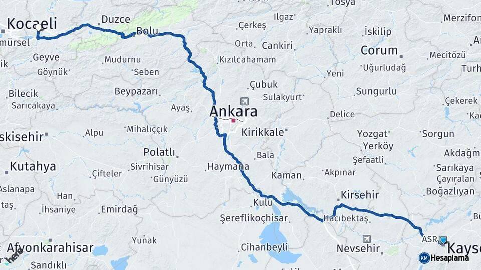 Kayseri Sakarya Arası Kaç Km - Yol Haritası