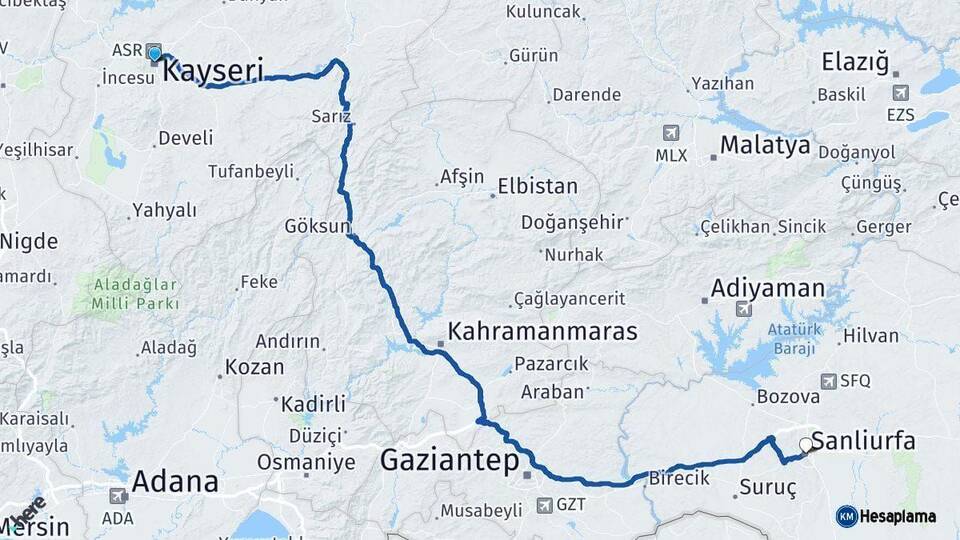 Kayseri Şanlıurfa Arası Kaç Km - Yol Haritası