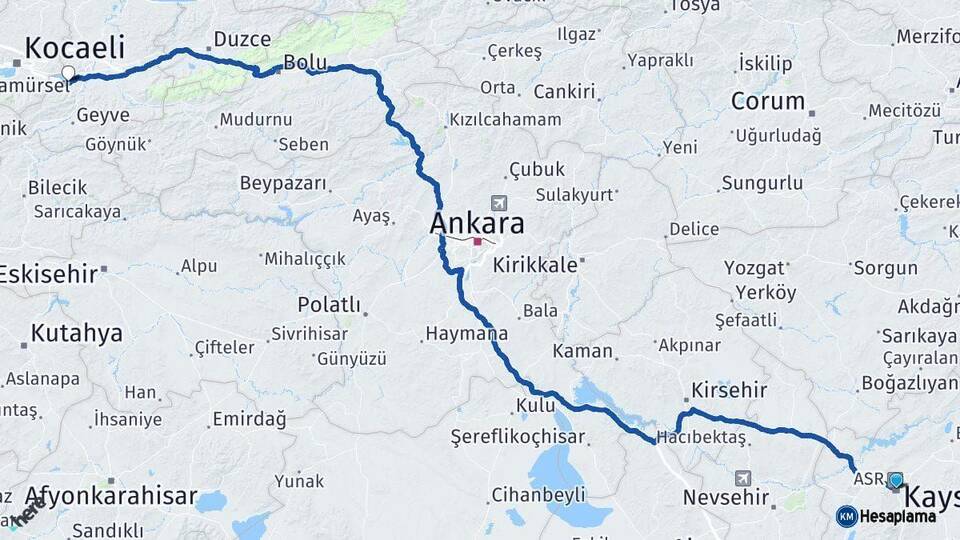Kayseri Sapanca Sakarya Arası Kaç Km - Yol Haritası