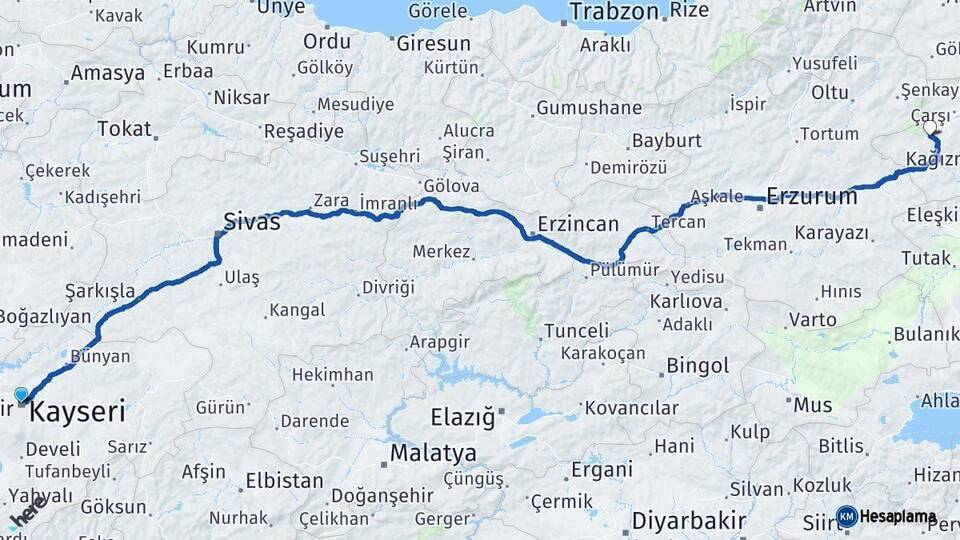 Kayseri Sarıkamış Kars Arası Kaç Km - Yol Haritası