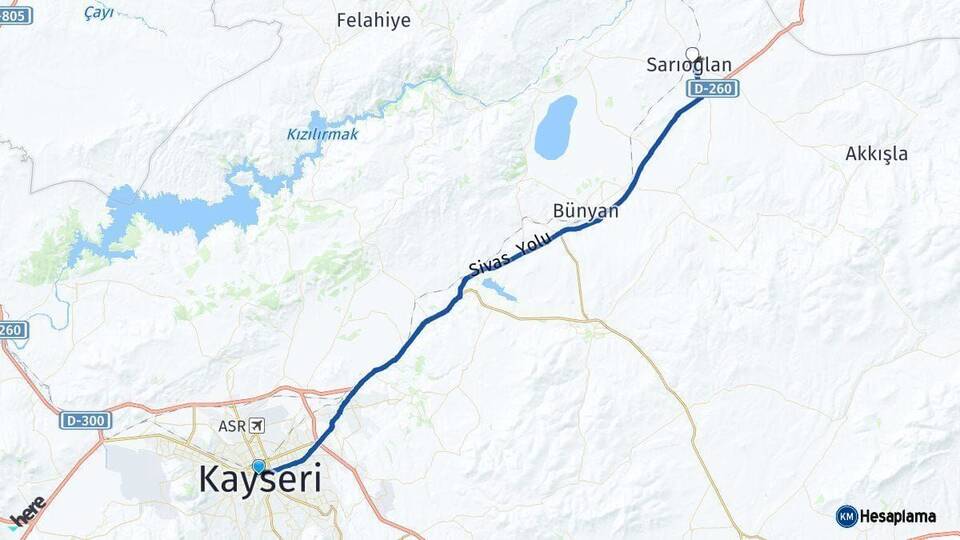 Kayseri Sarıoğlan Arası Kaç Km - Yol Haritası