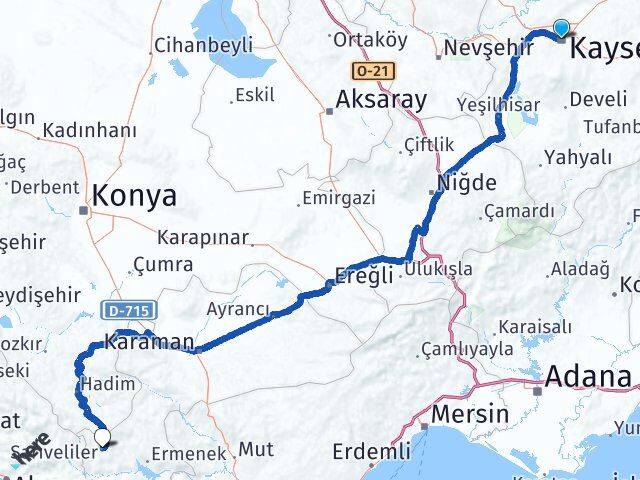 Kayseri Sarıveliler Karaman Arası Kaç Km - Yol Haritası