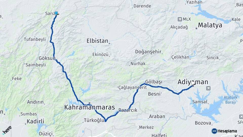 Kayseri Sarız Adıyaman Arası Kaç Km - Yol Haritası