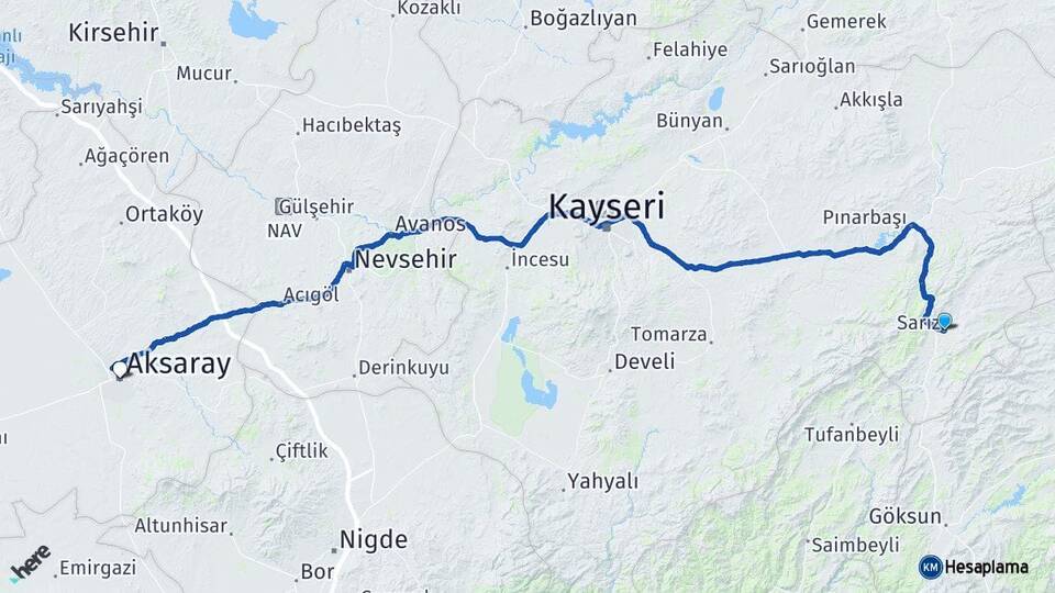 Kayseri Sarız Aksaray Arası Kaç Km - Yol Haritası