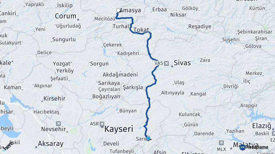 Kayseri Sarız Amasya Arası Kaç Km - Yol Haritası