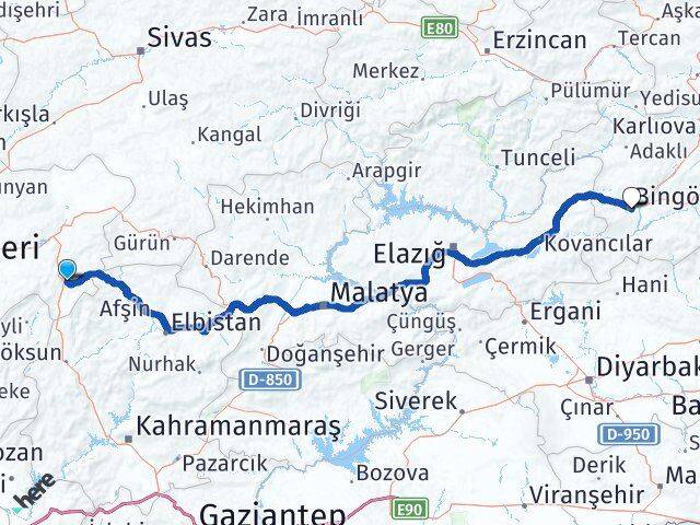 Kayseri Sarız Bingöl Arası Kaç Km - Yol Haritası