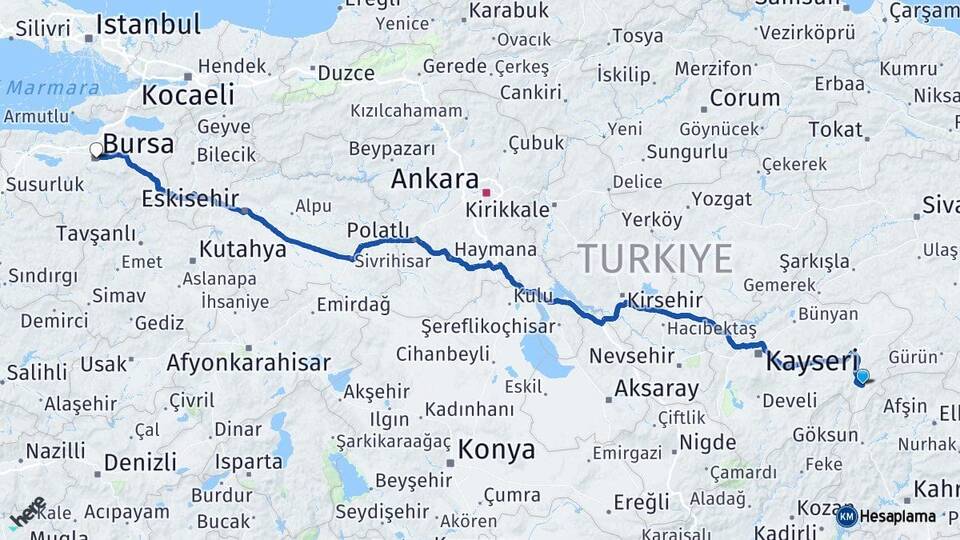 Kayseri Sarız Bursa Arası Kaç Km - Yol Haritası